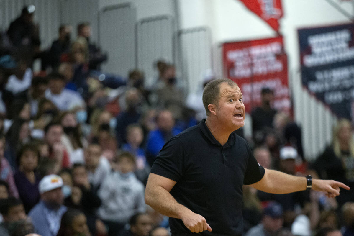 Bishop Gorman head coach Grant Rice shouts at a referee during the second half of a boys high s ...