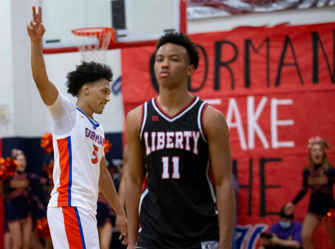 Bishop Gorman’s Darrion Williams (5) celebrates a win against Liberty while Liberty&#x20 ...