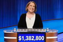 This image released by Sony Pictures Television shows contestant Amy Schneider on the set of &q ...