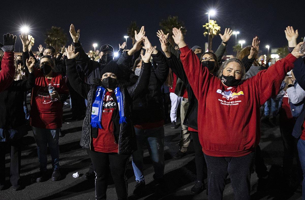 Culinary Union guest room attendants, including Erica Lopez, left, a union organizer at Bally's ...