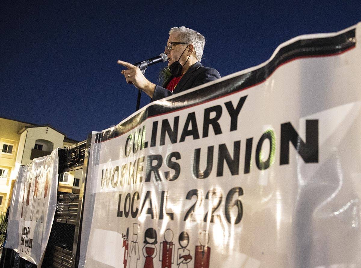 Ted Pappageorge, president of Culinary Workers Union, Local 226, speaks as Culinary Union guest ...