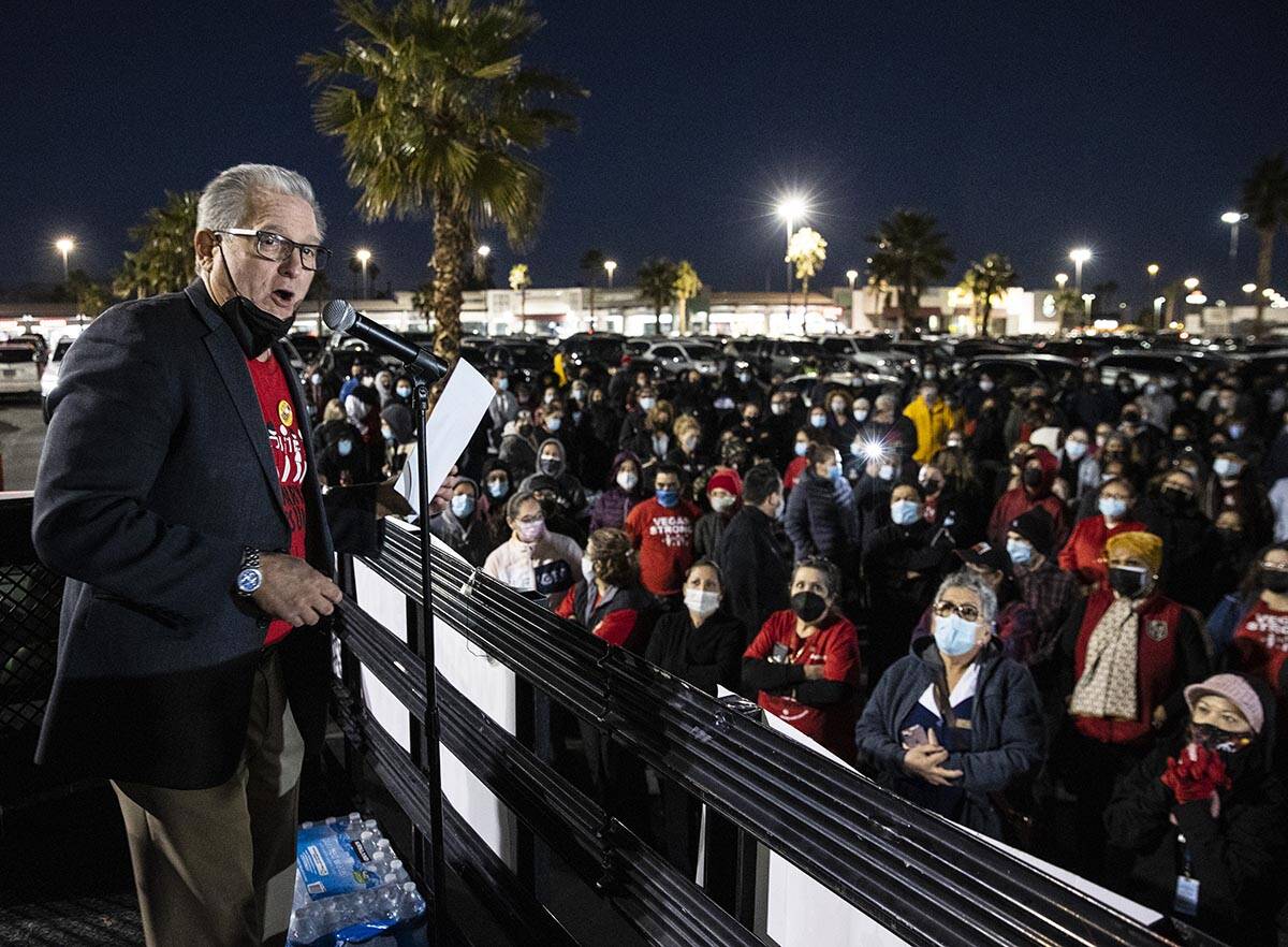 Ted Pappageorge, president of Culinary Workers Union, Local 226, speaks as Culinary Union guest ...