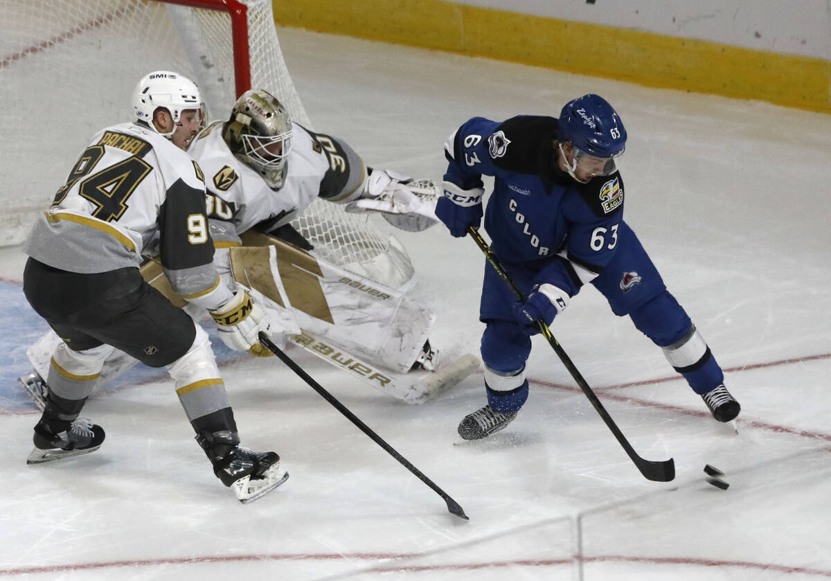 Colorado Eagles right wing Andreas Wingerli (63) controls the pack against Henderson Silver Kni ...