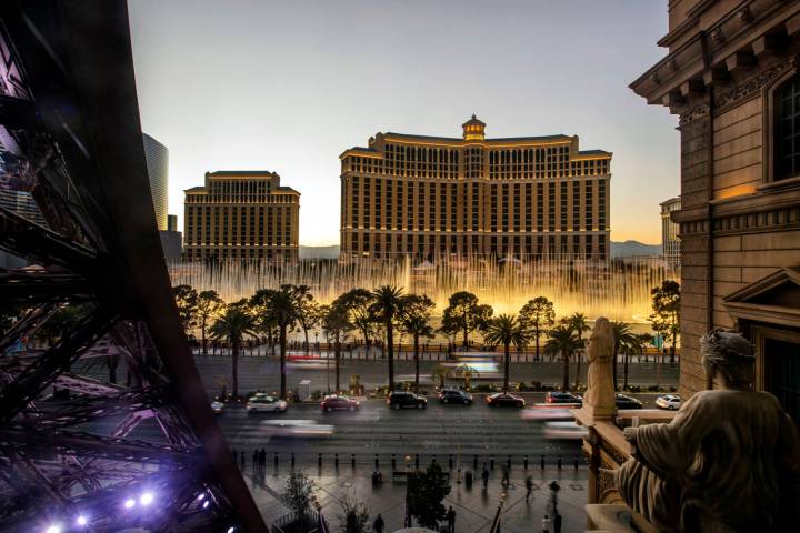 Bellagio Fountains and exterior with the Strip as seen from the Chateau Rooftop at Paris Las Ve ...