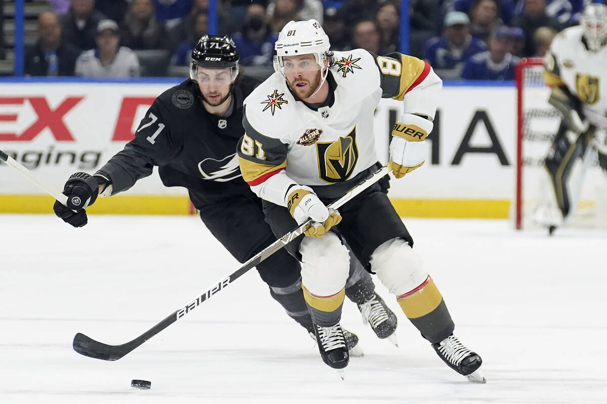 Vegas Golden Knights center Jonathan Marchessault (81) breaks out ahead of Tampa Bay Lightning ...