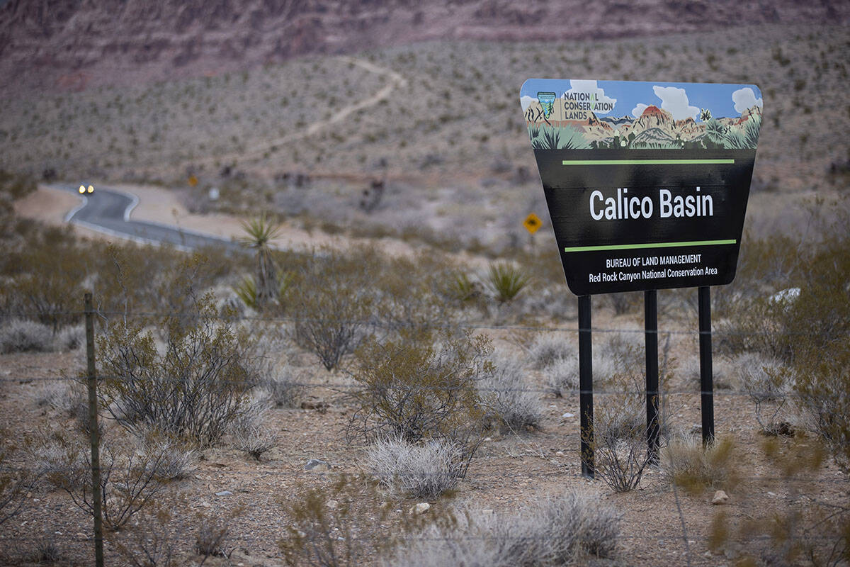 The entrance to the Calico Basin area off state Route 159 in Las Vegas where police were invest ...