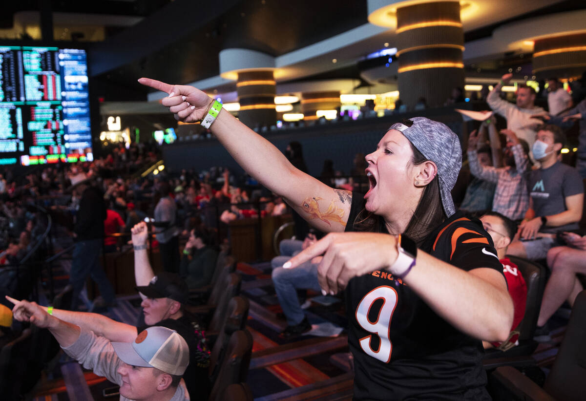 Bengals fan Steph Boyer, from Denver, Colo., cheers for Cincinnati during the AFC Championship ...