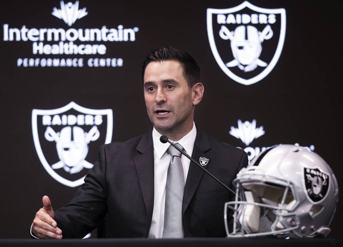 Raiders general manager Dave Ziegler speaks during a press conference on Monday, Jan. 31, 2022, ...