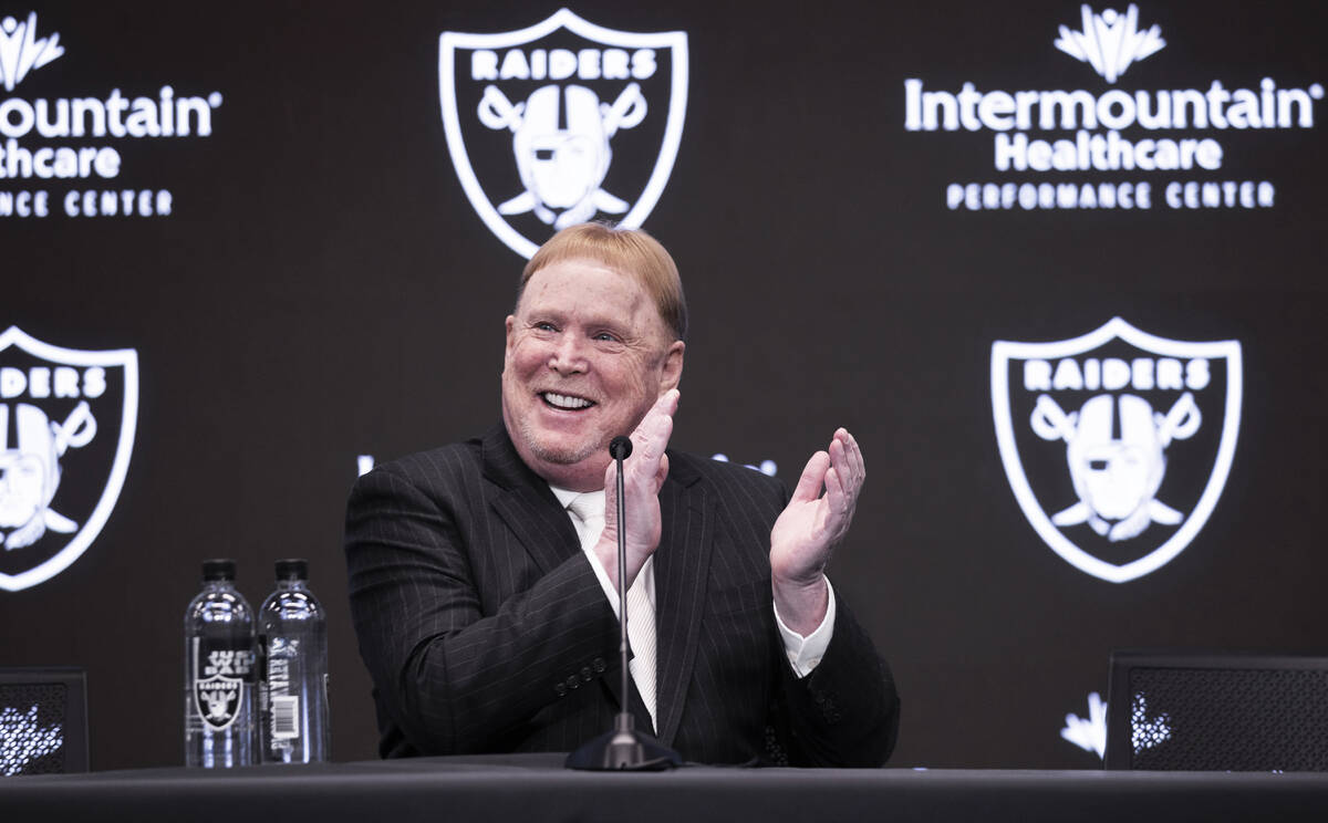 Raiders owner Mark Davis speaks during a press conference on Monday, Jan. 31, 2022, at Raiders ...