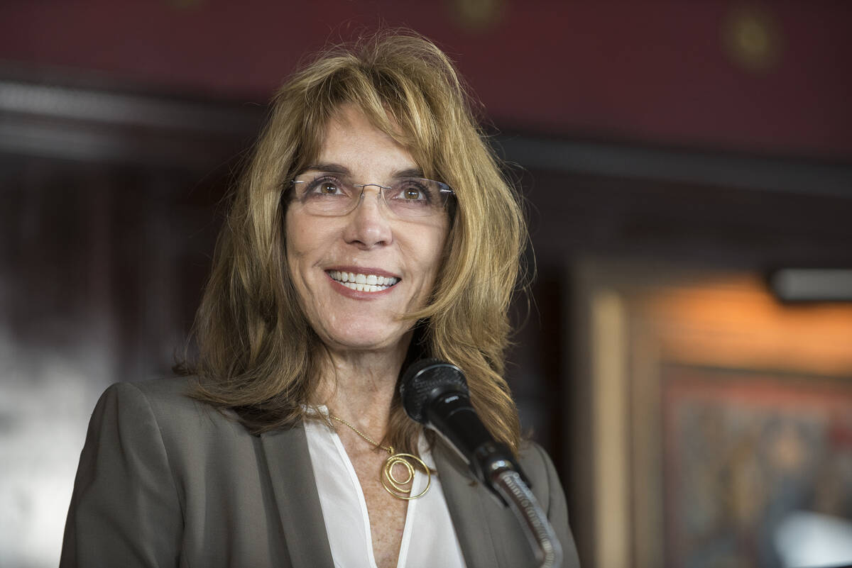 Virginia Valentine, president of the Nevada Resort Association, speaks during a news conference ...