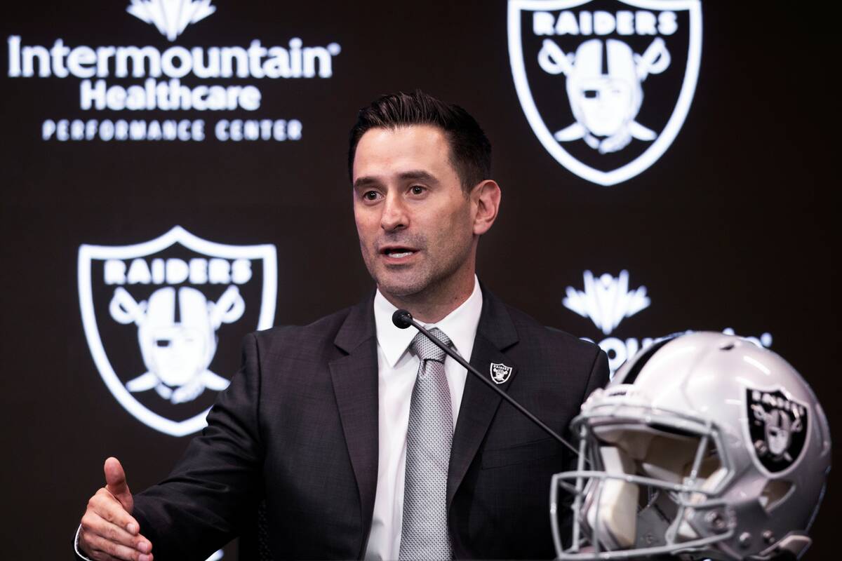 Raiders general manager Dave Ziegler speaks during a press conference on Monday, Jan. 31, 2022, ...