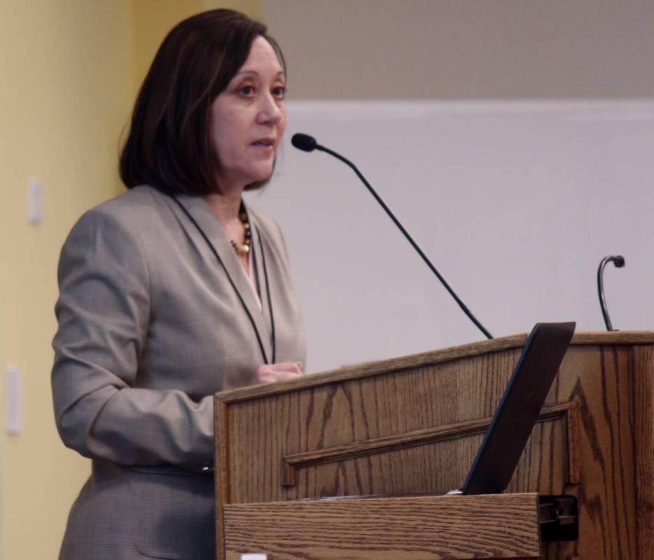 Angela Evans, then-CEO of Valley Electric Association, speaks at an ambassador's meeting in Sep ...