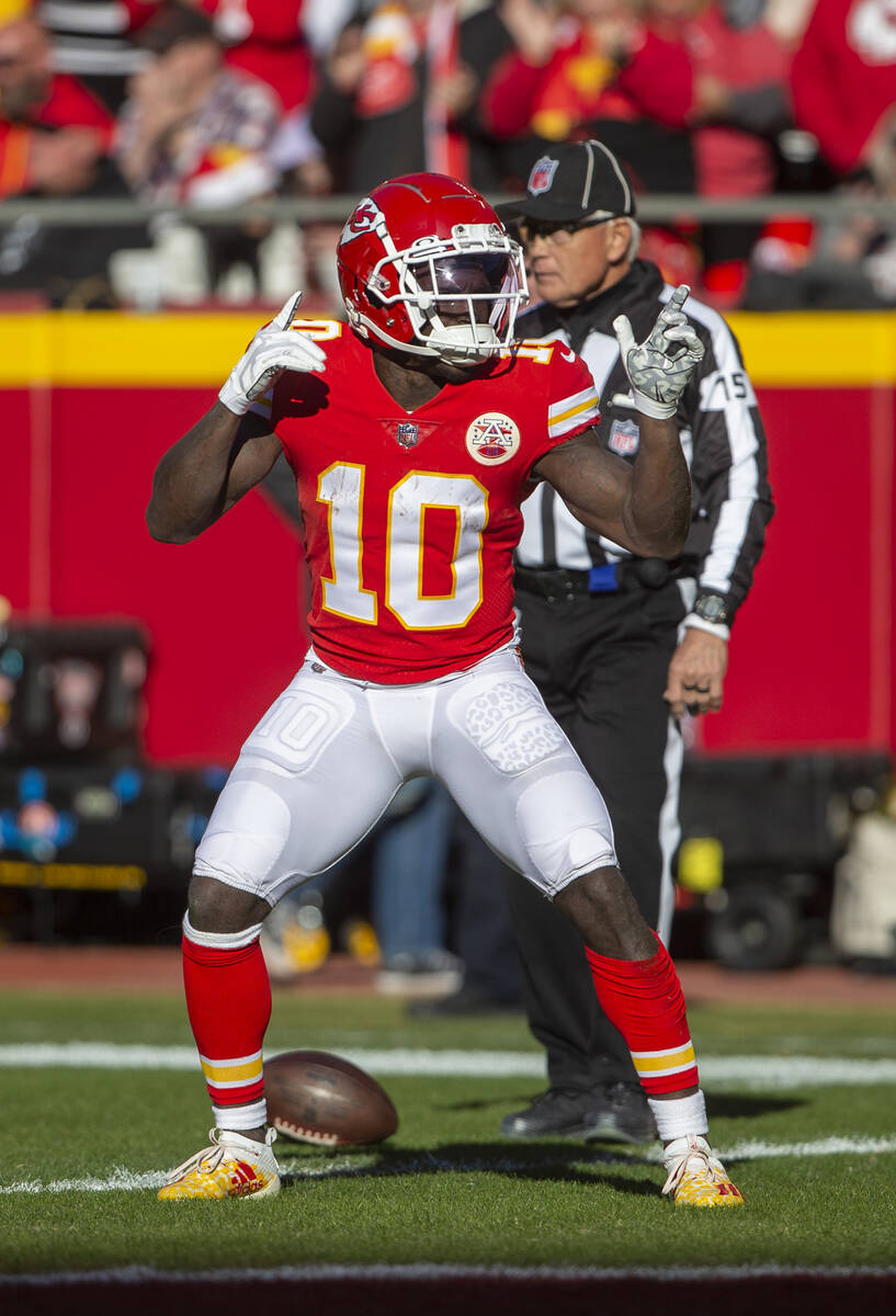 Kansas City Chiefs wide receiver Tyreek Hill (10) dances after making a catch during the third ...