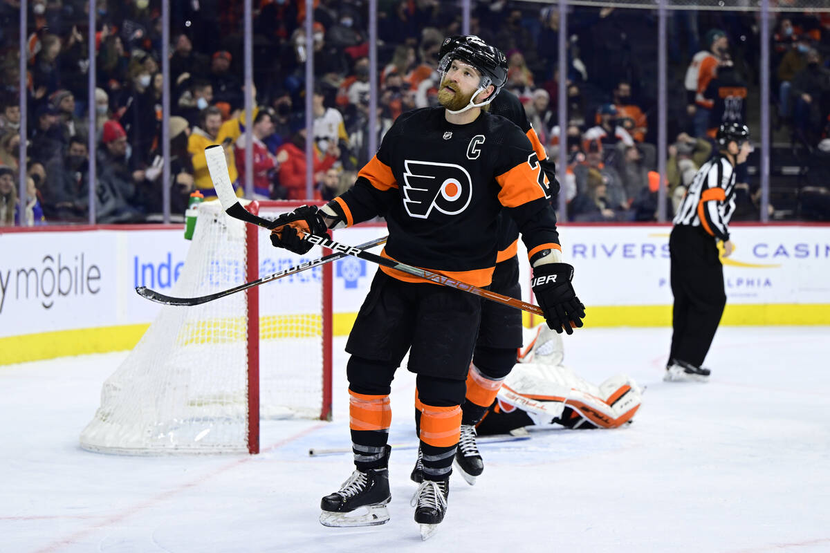 Philadelphia Flyers' Claude Giroux reacts after a goal during an NHL hockey game against the Lo ...
