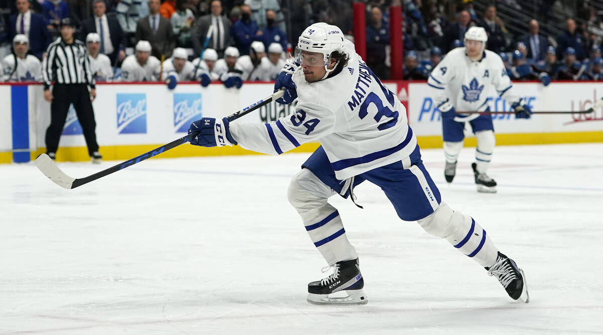 Toronto Maple Leafs center Auston Matthews follows through on a shot in the second period of an ...