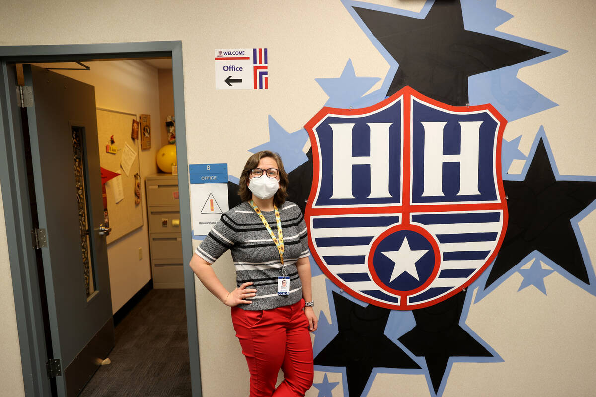Psychologist Jessica Shearin with the school logo outside her office at Hayden Elementary Schoo ...
