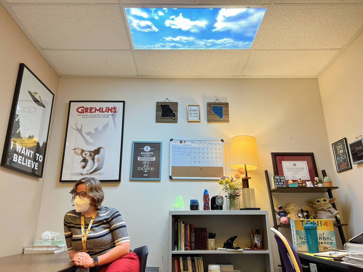 Psychologist Jessica Shearin talks to a student in her office at Hayden Elementary School in No ...