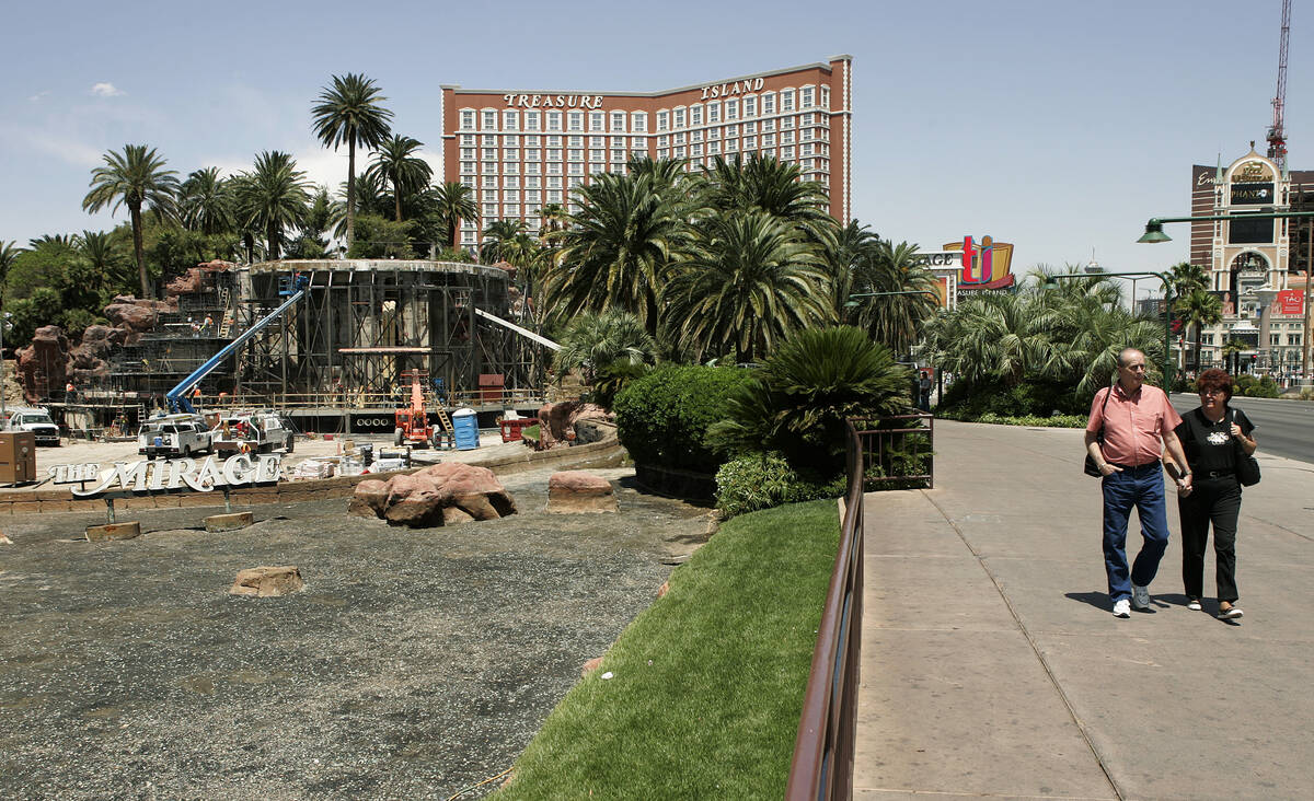 Scaffolding surrounds the volcano at The Mirage hotel-casino on Tuesday, May 5, 2008, as the po ...