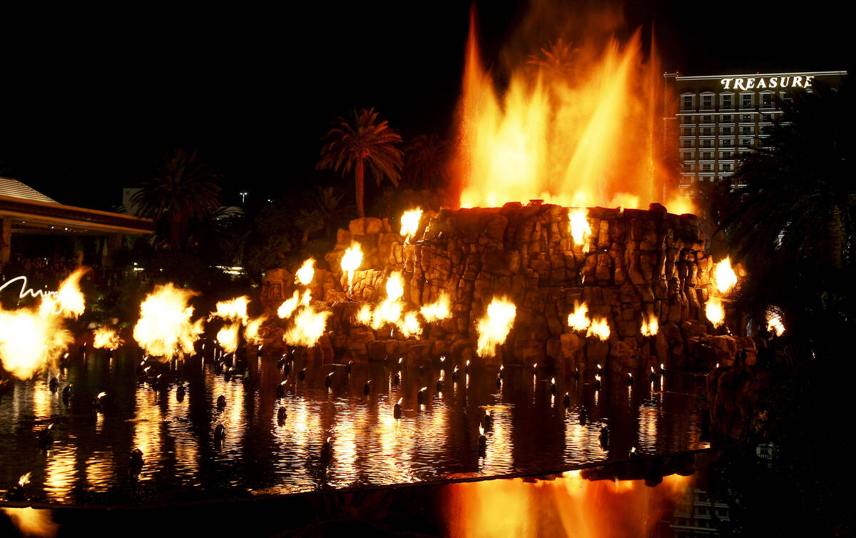The Mirage hotel-casino volcano explodes with pyrotechnics during a debut unveiling of the remo ...