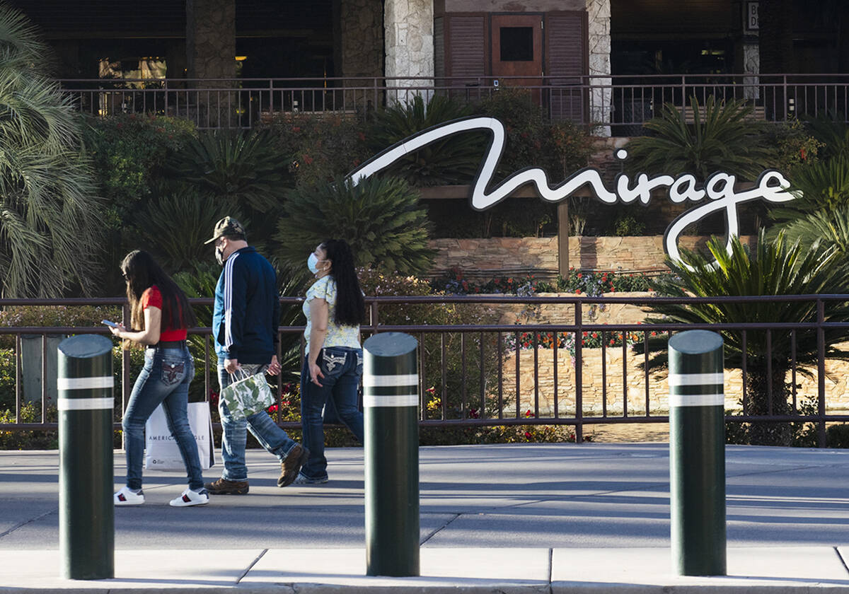 Visitors walk past The Mirage in Las Vegas, Monday, Dec. 21, 2020. The Mirage announced they wi ...
