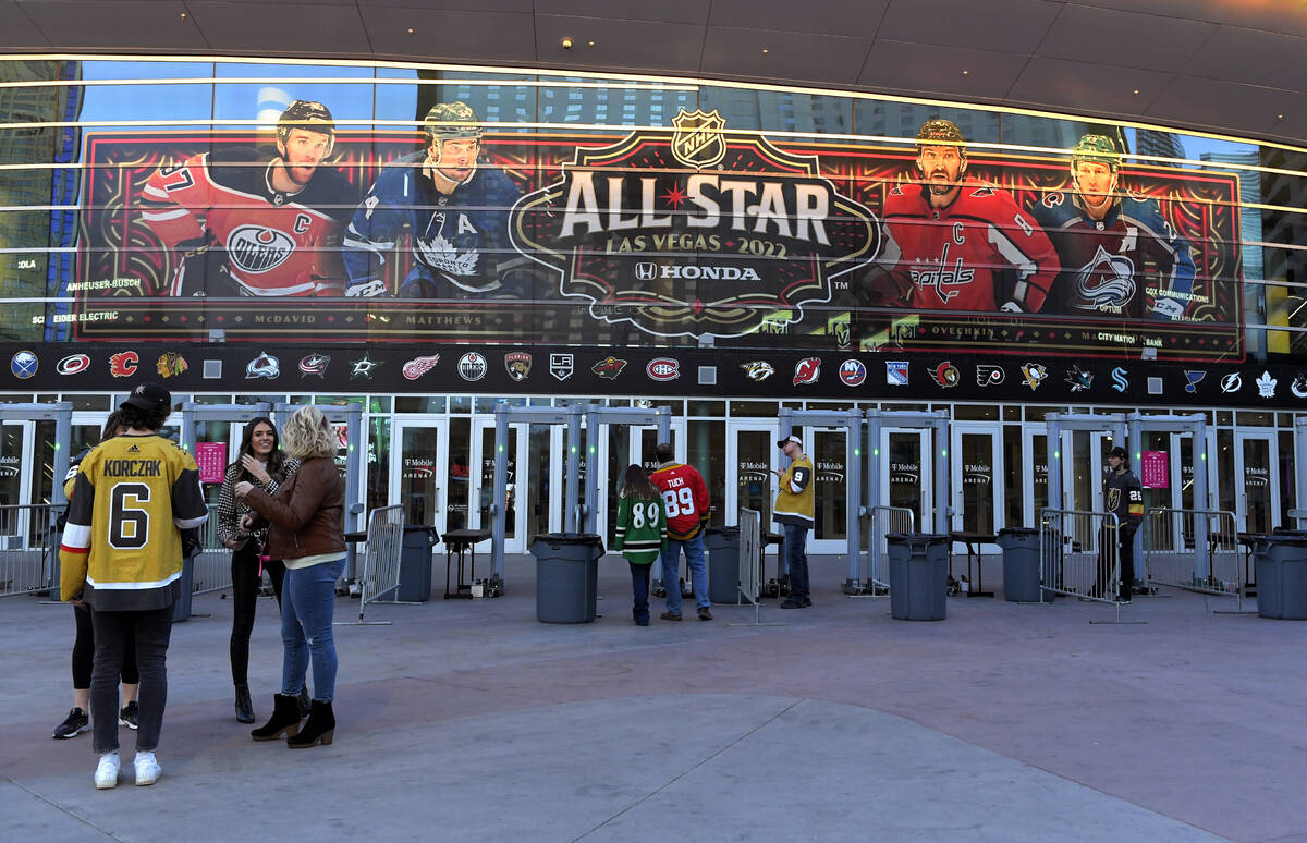 Fans line up before an NHL hockey game between the Vegas Golden Knights and the Buffalo Sabres ...