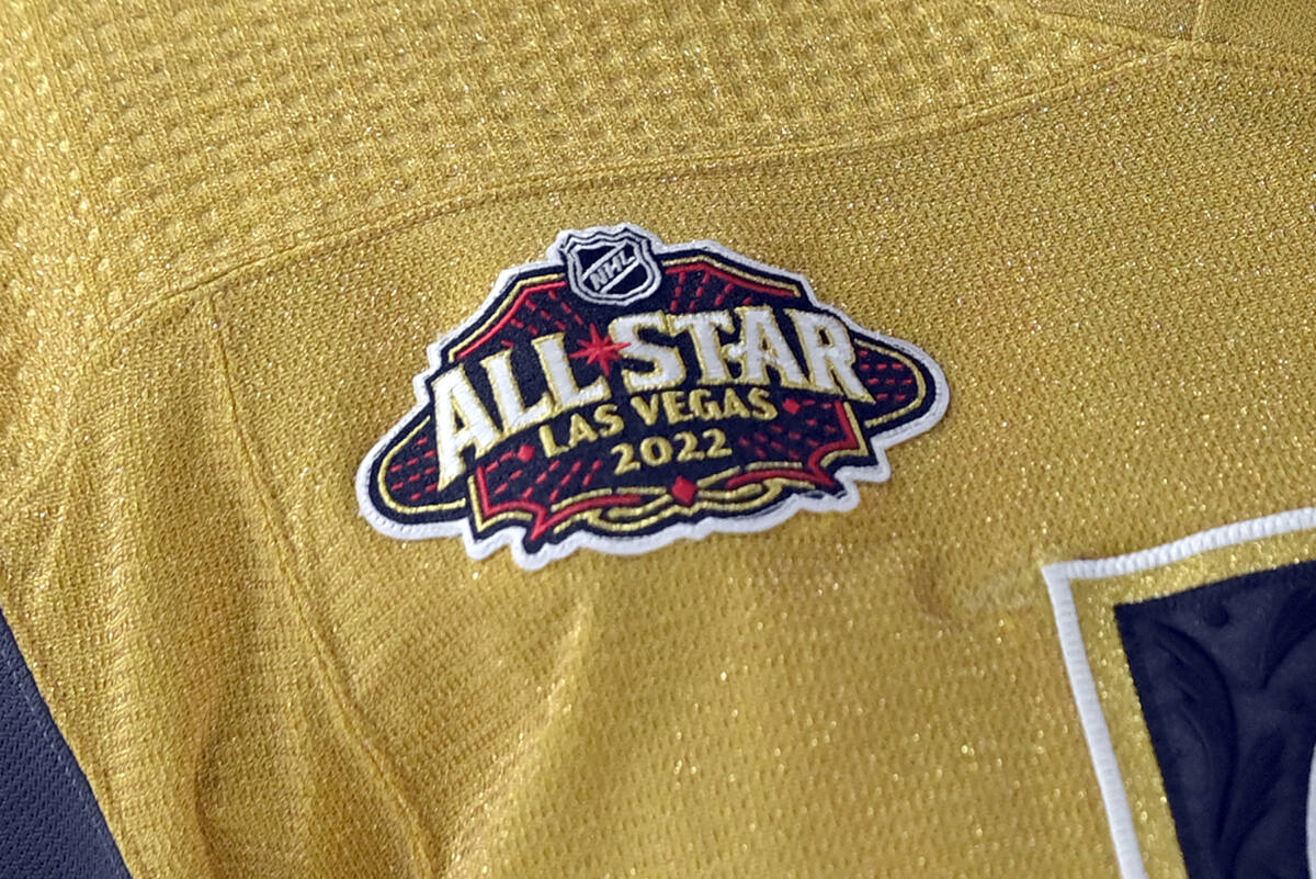 A patch for the 2022 NHL All-Star game is affixed to the jersey of Vegas Golden Knights goalten ...