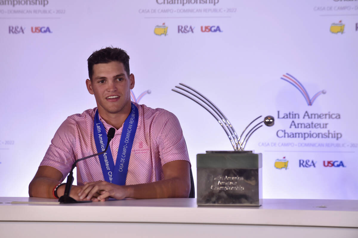 In this photo provided by the Latin America Amateur Championship, Aaron Jarvis speaks to report ...