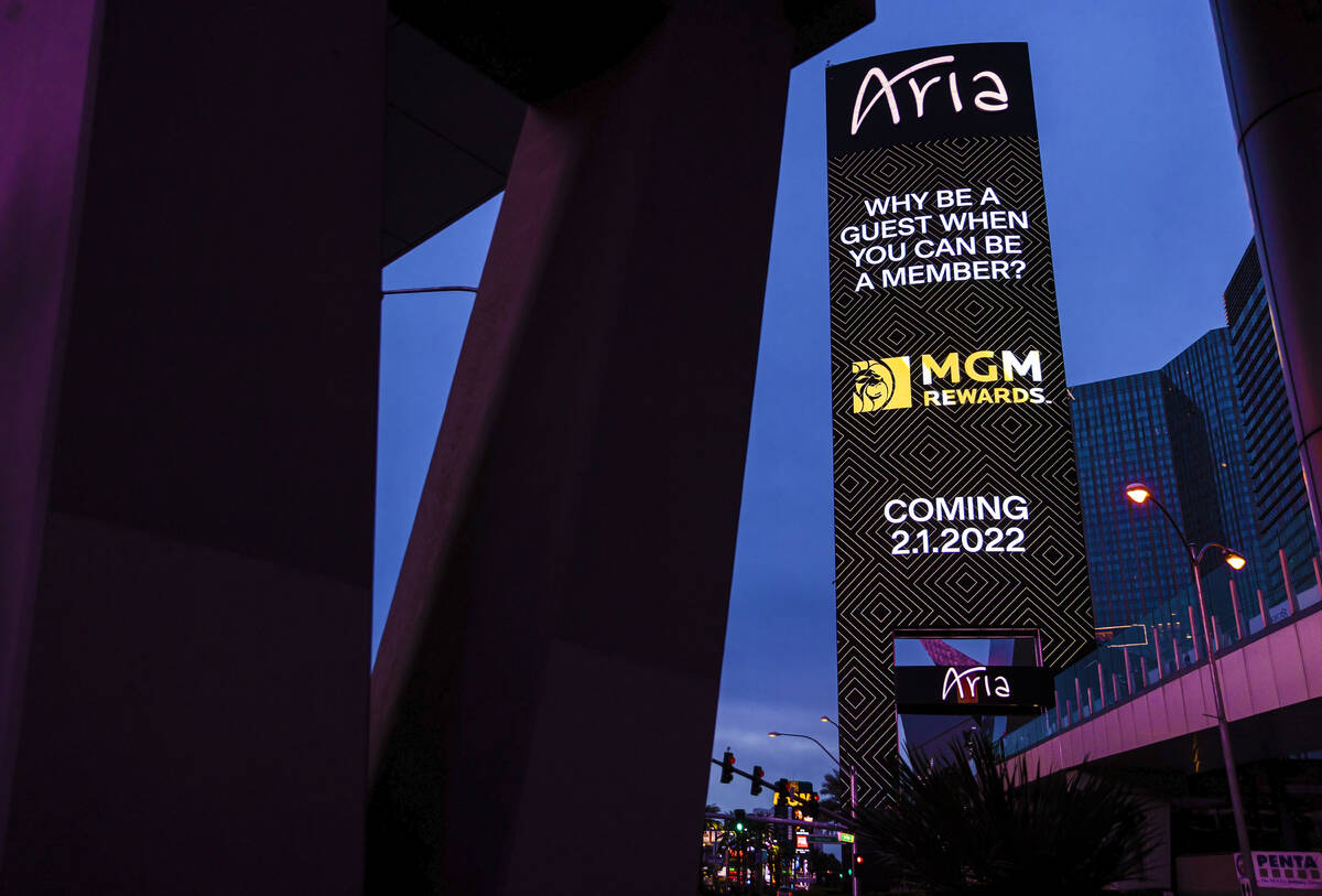 A marquee advertising MGM Reward Points outside Aria on the Strip on Monday, Jan. 31, 2022, in ...
