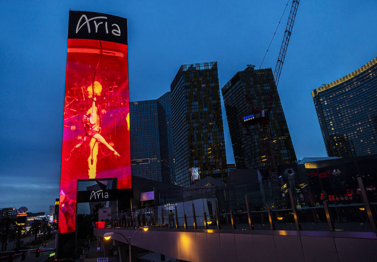 A marquee advertising MGM Reward Points outside Aria on the Strip on Monday, Jan. 31, 2022, in ...