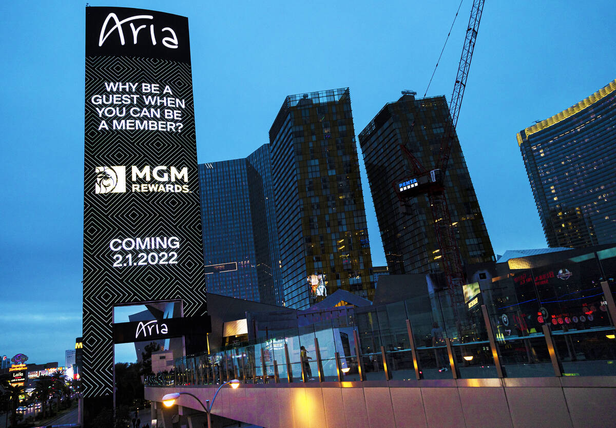A marquee advertising MGM Reward Points outside Aria on the Strip on Monday, Jan. 31, 2022, in ...