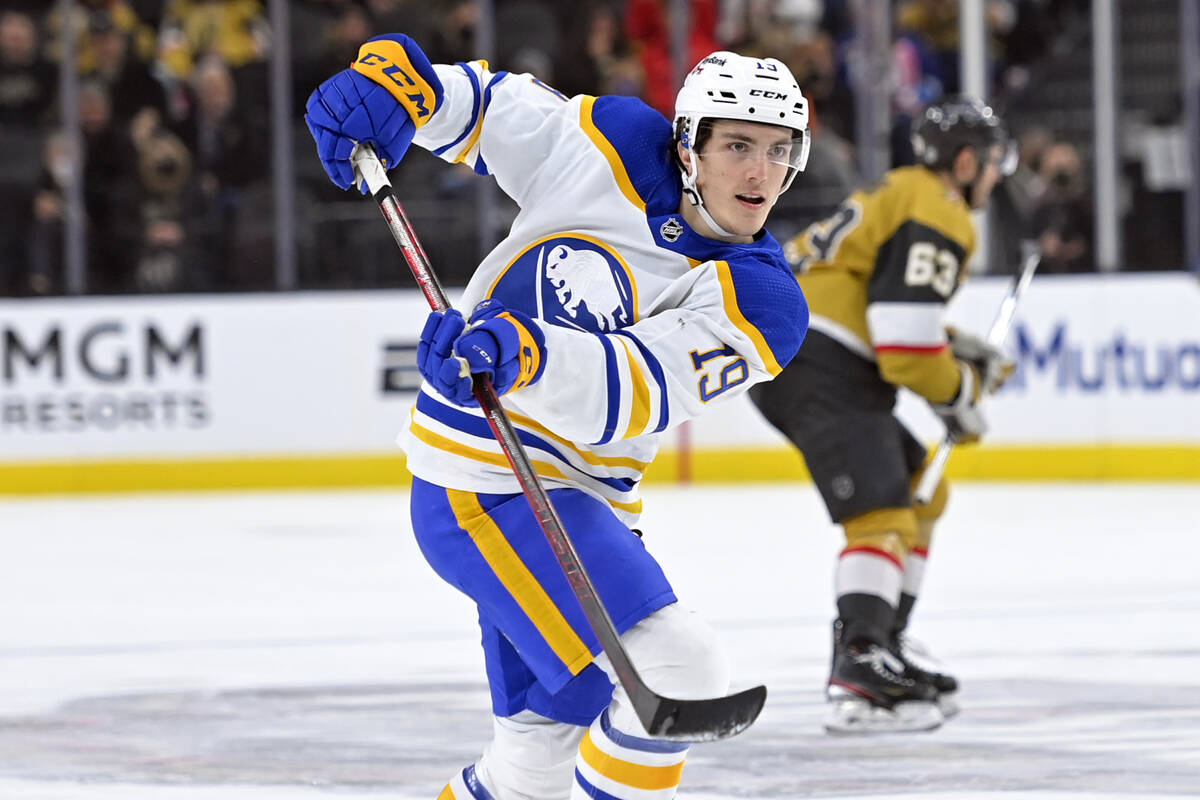 Buffalo Sabres center Peyton Krebs skates against the Vegas Golden Knights during the first per ...