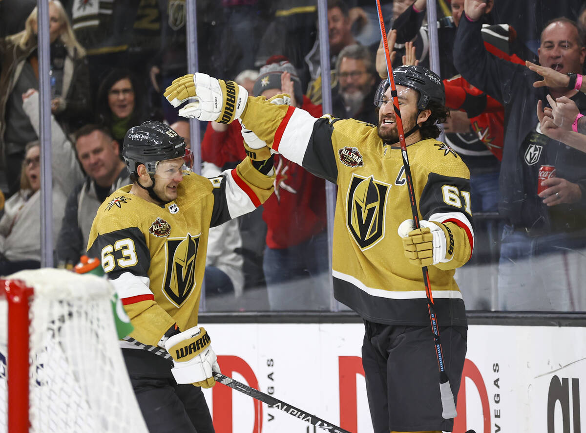 Golden Knights right wing Mark Stone (61) celebrates after his goal against the Minnesota Wild ...