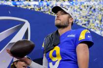 Los Angeles Rams' Matthew Stafford celebrates after the NFC Championship NFL football game agai ...