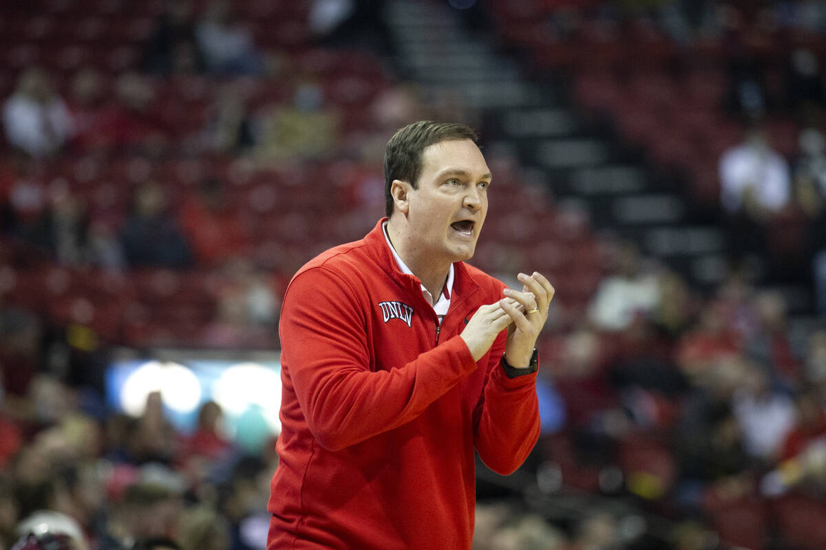 UNLV Rebels head coach Kevin Kruger shouts from the sidelines during the first half of an NCAA ...