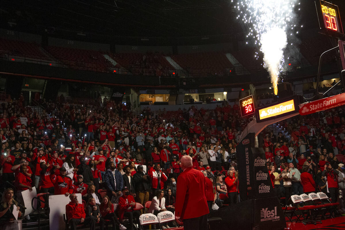 The crowd welcomes the UNLV Rebels and the Nevada Wolf Pack before an NCAA college basketball g ...