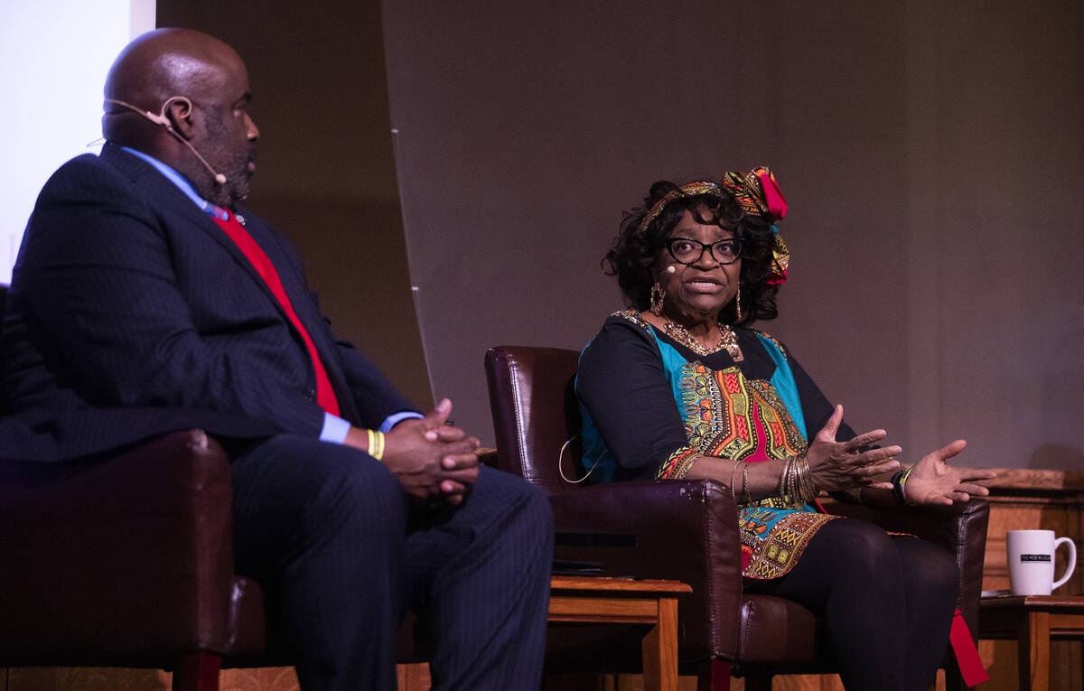Judge Johnnie Rawlinson, right, and Bryan Scott participate in a Black History Month panel disc ...