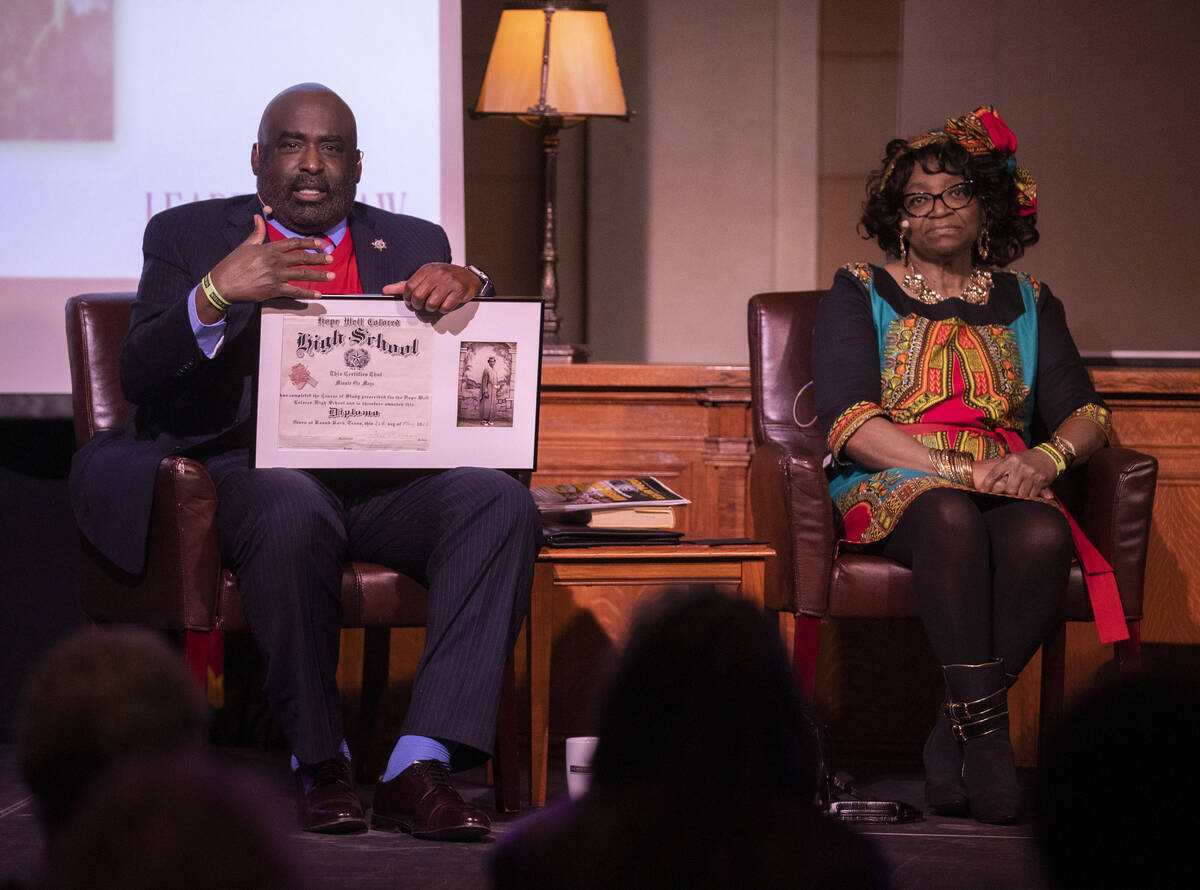 Bryan Scott, left, and Judge Johnnie Rawlinson participate in a Black History Month panel discu ...