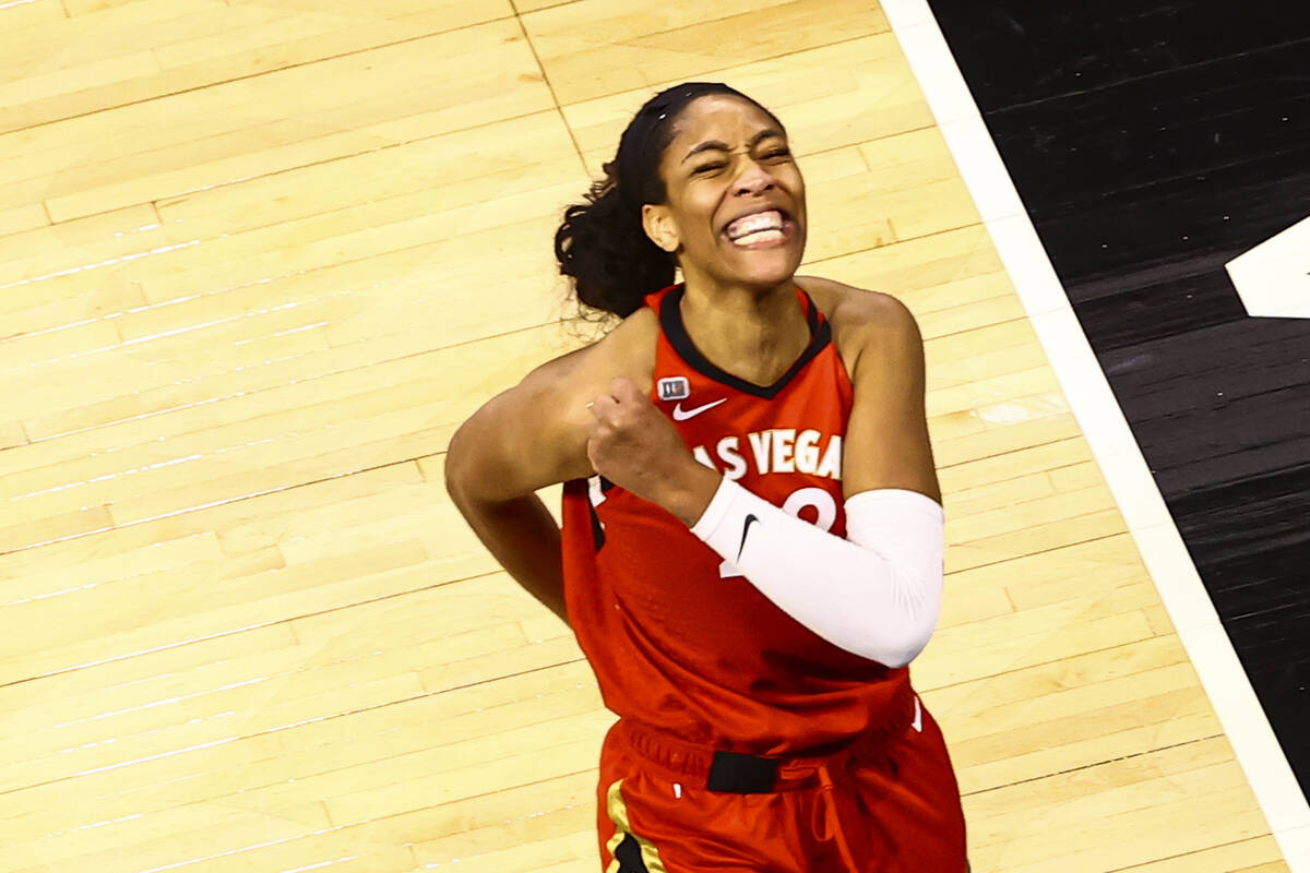 Las Vegas Aces forward A'ja Wilson (22) reacts after scoring against the Dallas Wings during th ...