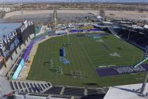 An aerial photo shows the Las Vegas Ballpark in Summerlin being transformed into a football fie ...