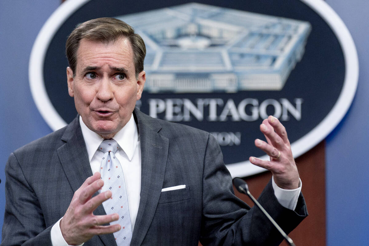 Pentagon spokesman John Kirby speaks during a briefing at the Pentagon in Washington, Wednesday ...