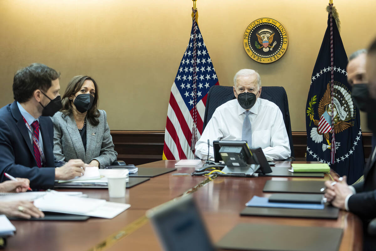 In this image provided by The White House, President Joe Biden and Vice President Kamala Harris ...