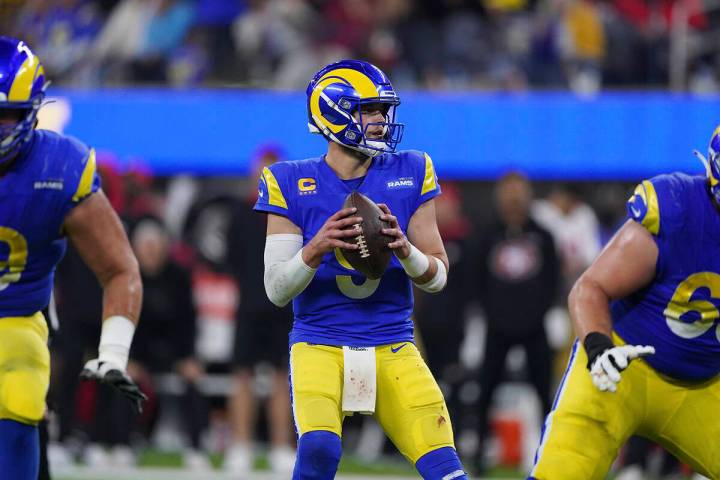 Los Angeles Rams quarterback Matthew Stafford (9) drops back to pass against the San Francisco ...
