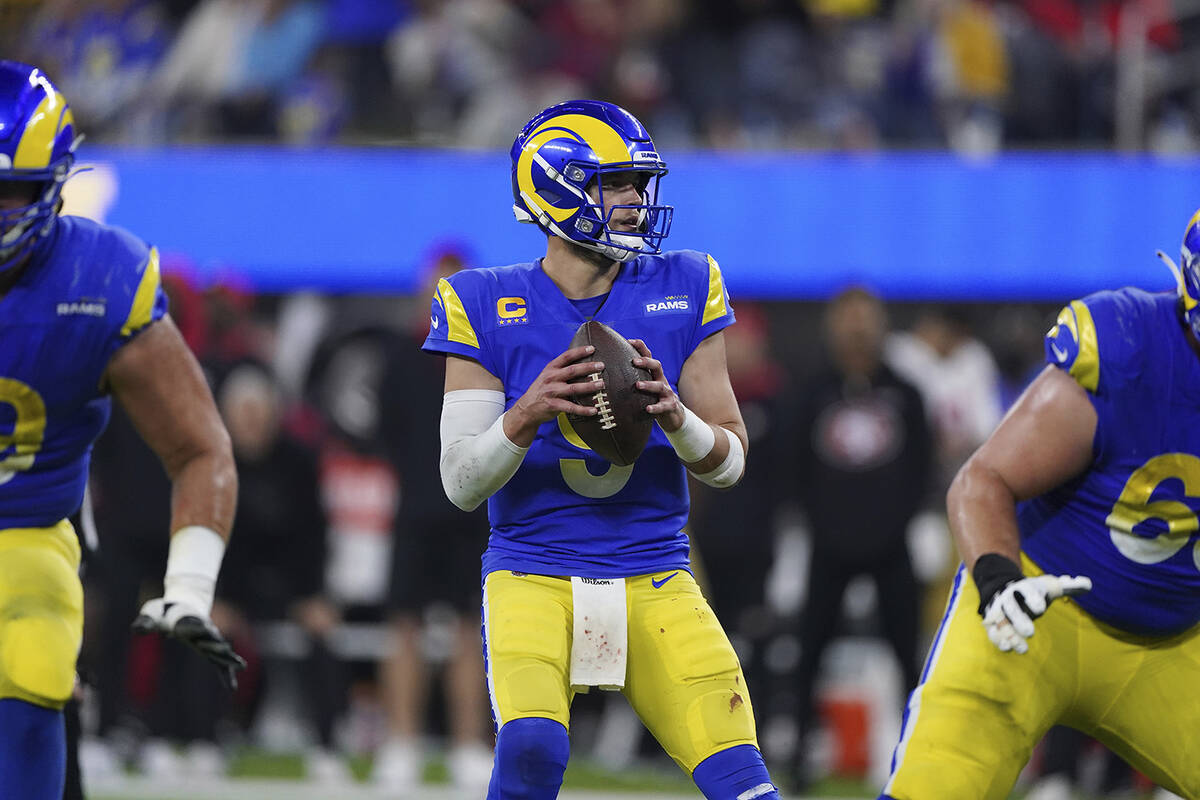 Los Angeles Rams quarterback Matthew Stafford (9) drops back to pass against the San Francisco ...