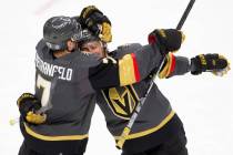 Golden Knights defenseman Alex Pietrangelo (7) and Golden Knights center Jonathan Marchessault ...