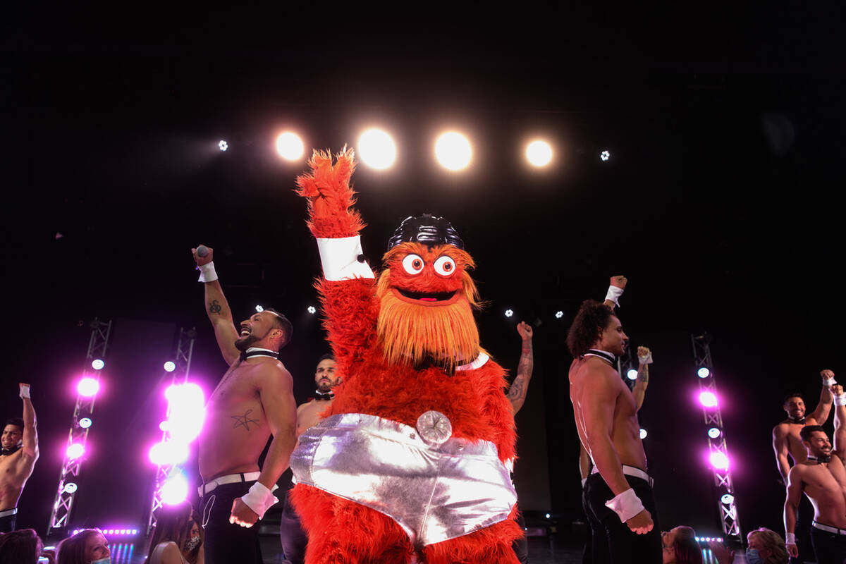 Philadelphia Flyers' mascot Gritty performs with Chippendales on Wednesday, Feb. 2, 2022 at Rio ...
