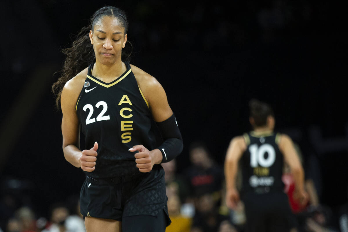 Las Vegas Aces forward A'ja Wilson (22) runs down the court during the second half of game 2 of ...