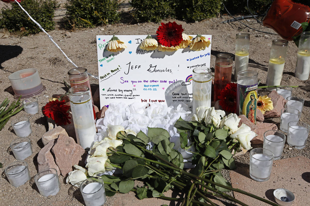 A makeshift memorial for Jeffrey Michael Gonzales is seen at the intersection of Windmill Lane ...