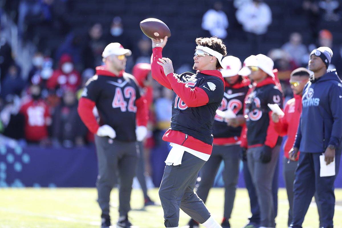 AFC quarterback Patrick Mahomes of the Kansas City Chiefs throws a pass during Pro Bowl NFL foo ...