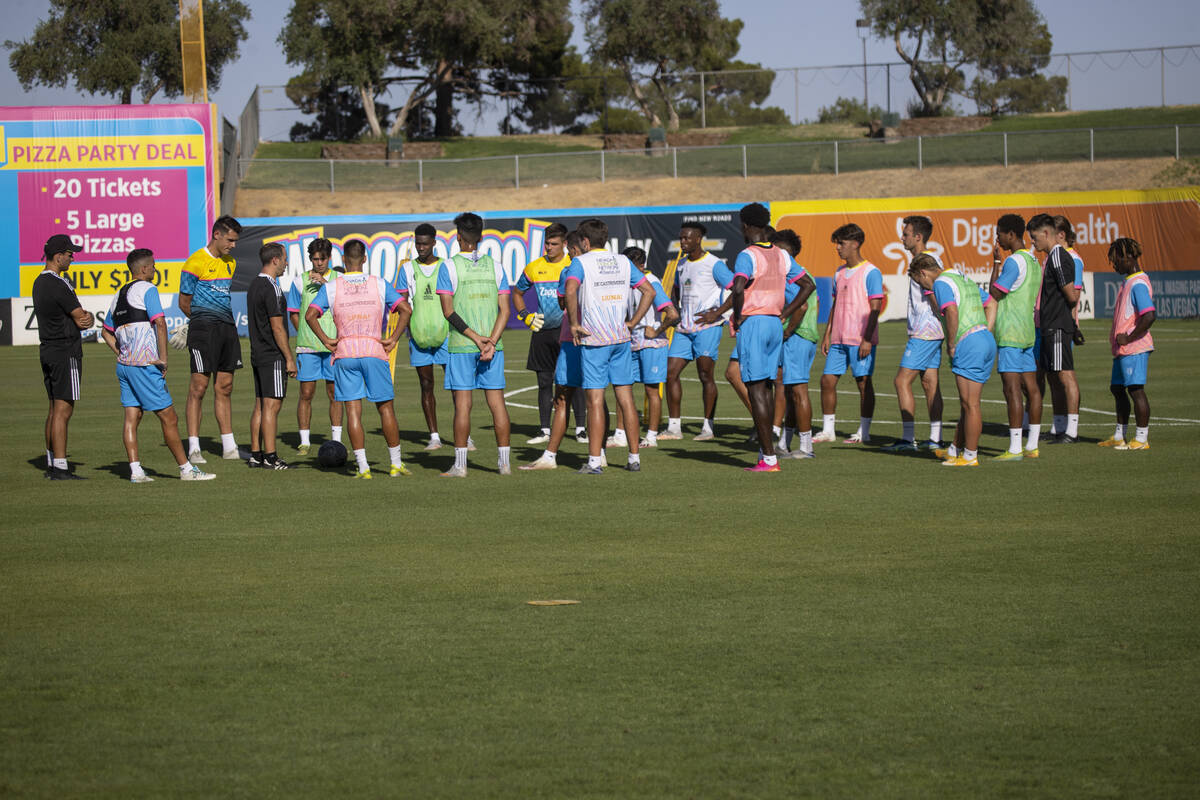 The Las Vegas Lights huddle during a team practice at Cashman Field in Las Vegas, Thursday, Jun ...