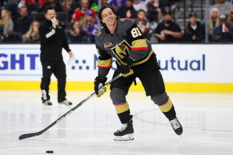 Vegas Golden Knights forward Jonathan Marchessault (81) competes in the Accuracy Shooting compe ...